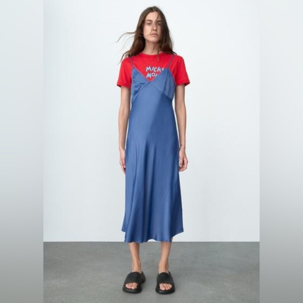 NEW Lace Slip Dress in Blue Satin (Zara, XL)